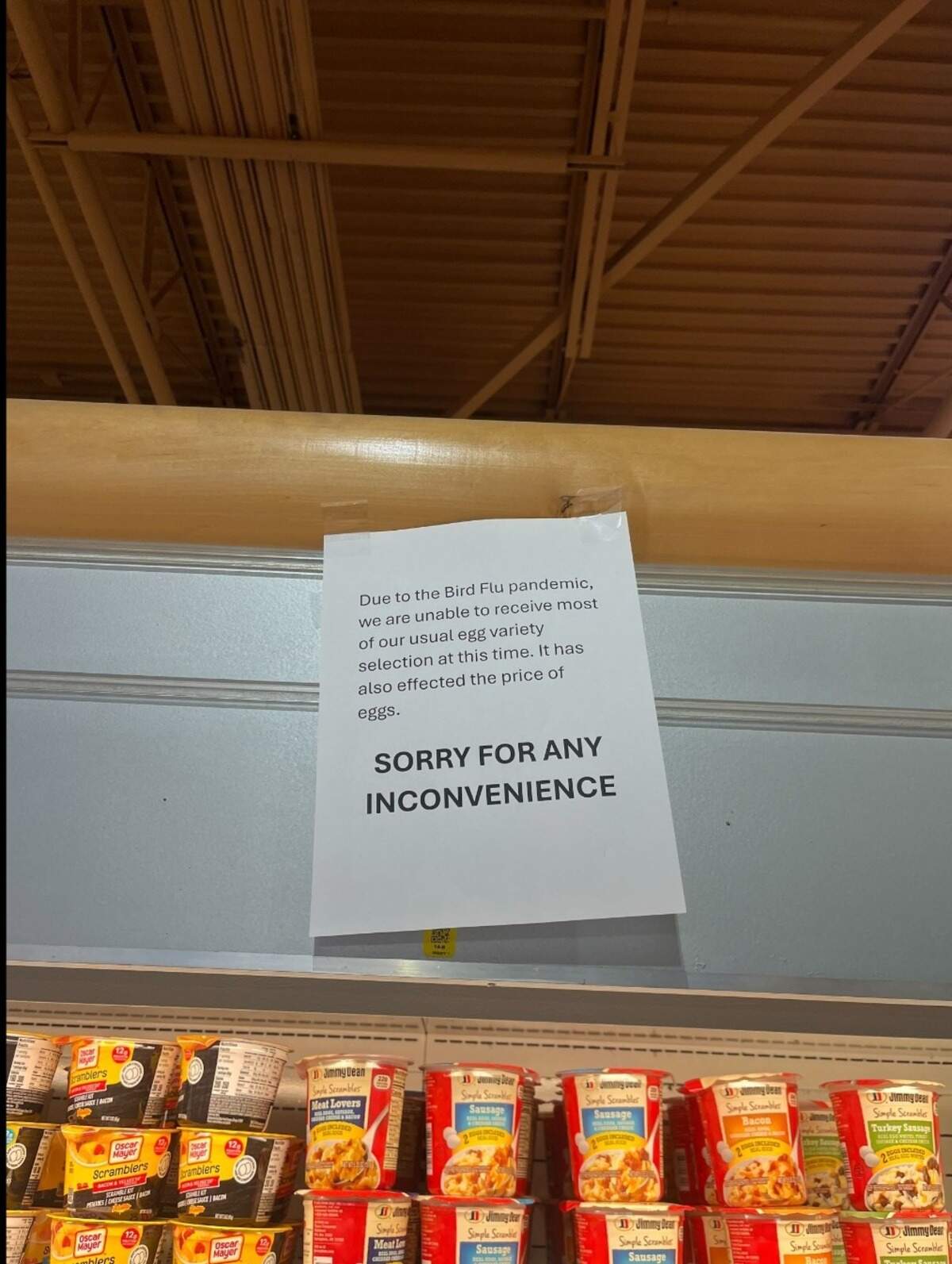 A sign above the egg section at Marsh’s Sun Fresh Market, 4001 Mill St., warns customers of egg shortages on Friday, Feb. 28.