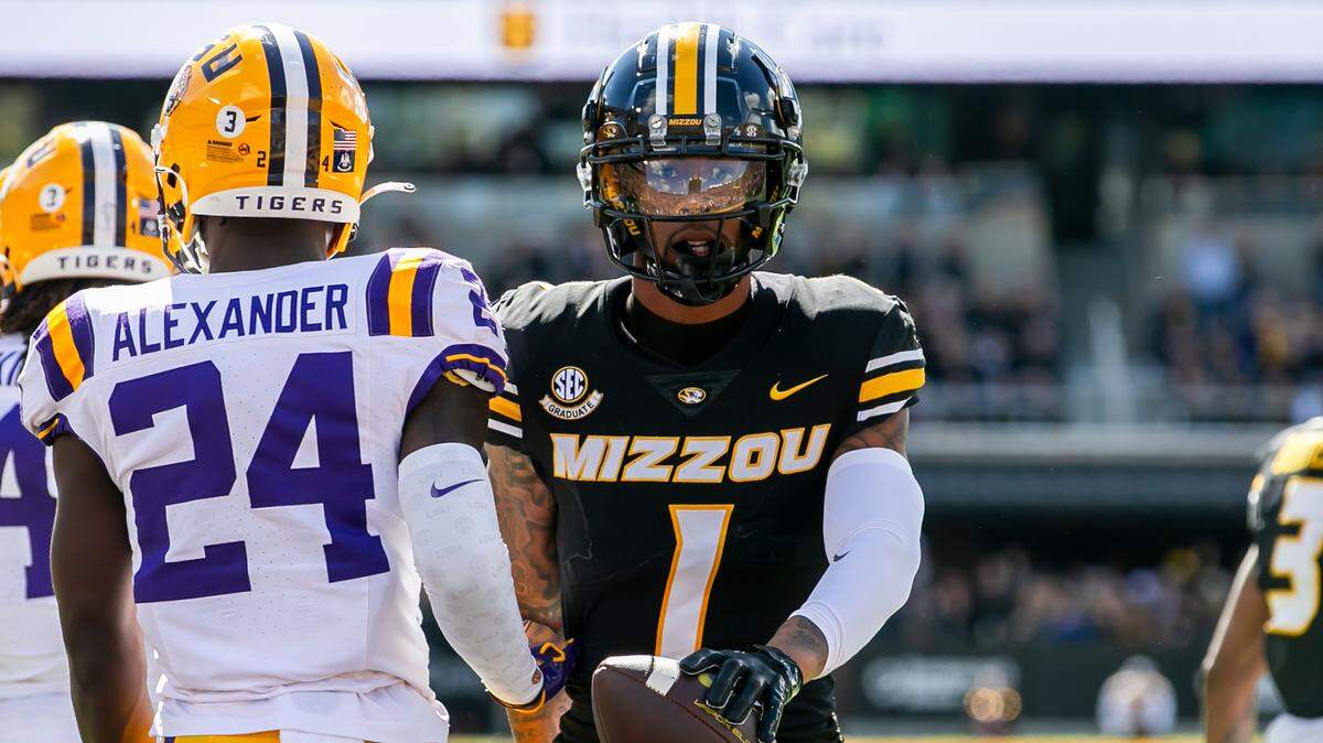 Missouri wide receiver Theo Wease Jr. glances toward fans after scoring a touchdown against LSU on Saturday, October 7, 2023, in Columbia.