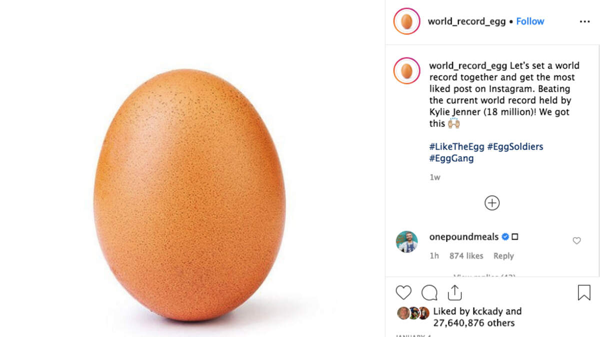 A stock photo of a brown egg is now the most-liked photo on Instagram. It beat out Instagram queen Kylie Jenner’s photo of her newborn, Stormi, which has attracted a lowly 18 million likes. (Instagram)
