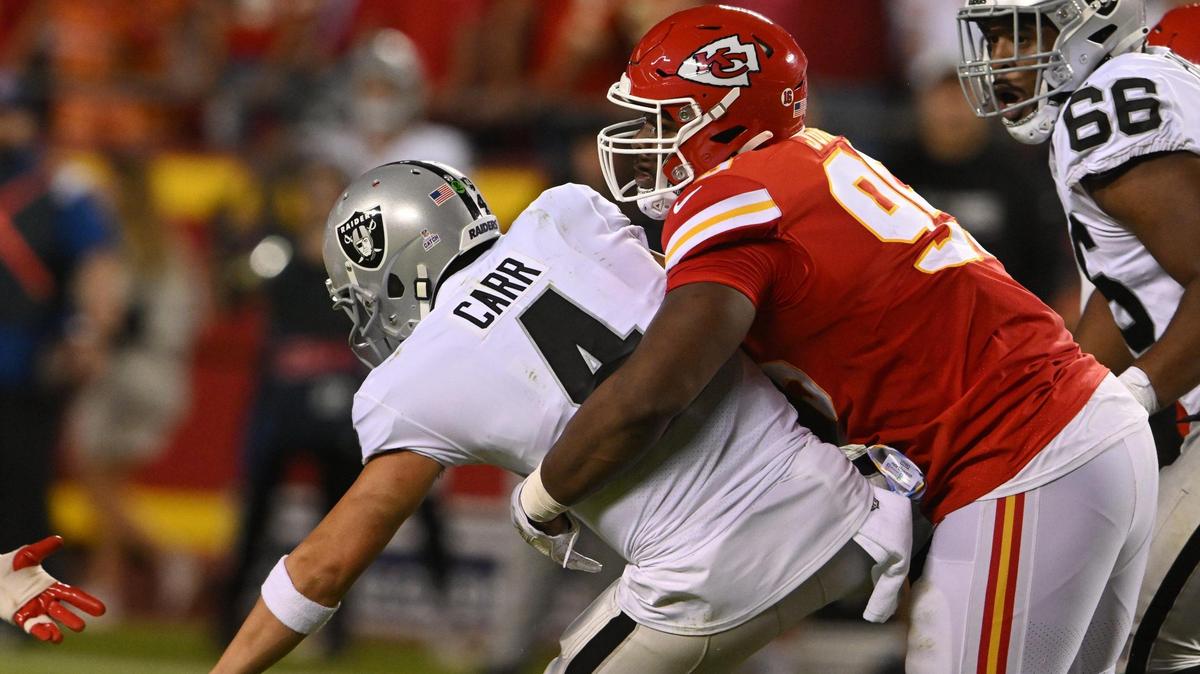Kansas City Chiefs defensive tackle Chris Jones sacks Las Vegas quarterback Derek Carr during the first half of Monday night’s game at Arrowhead Stadium.