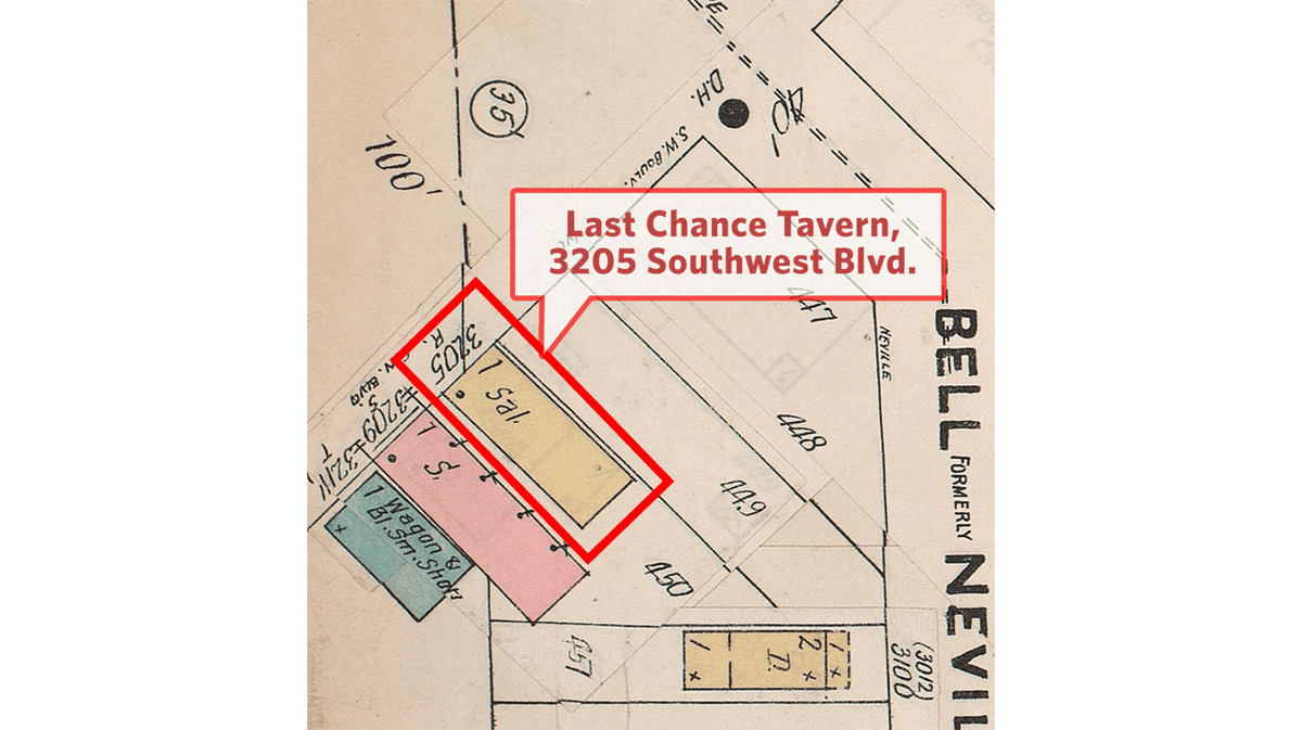 Sanborn Fire Insurance map showing 3205 Southwest Blvd., home of the Last Chance Tavern.