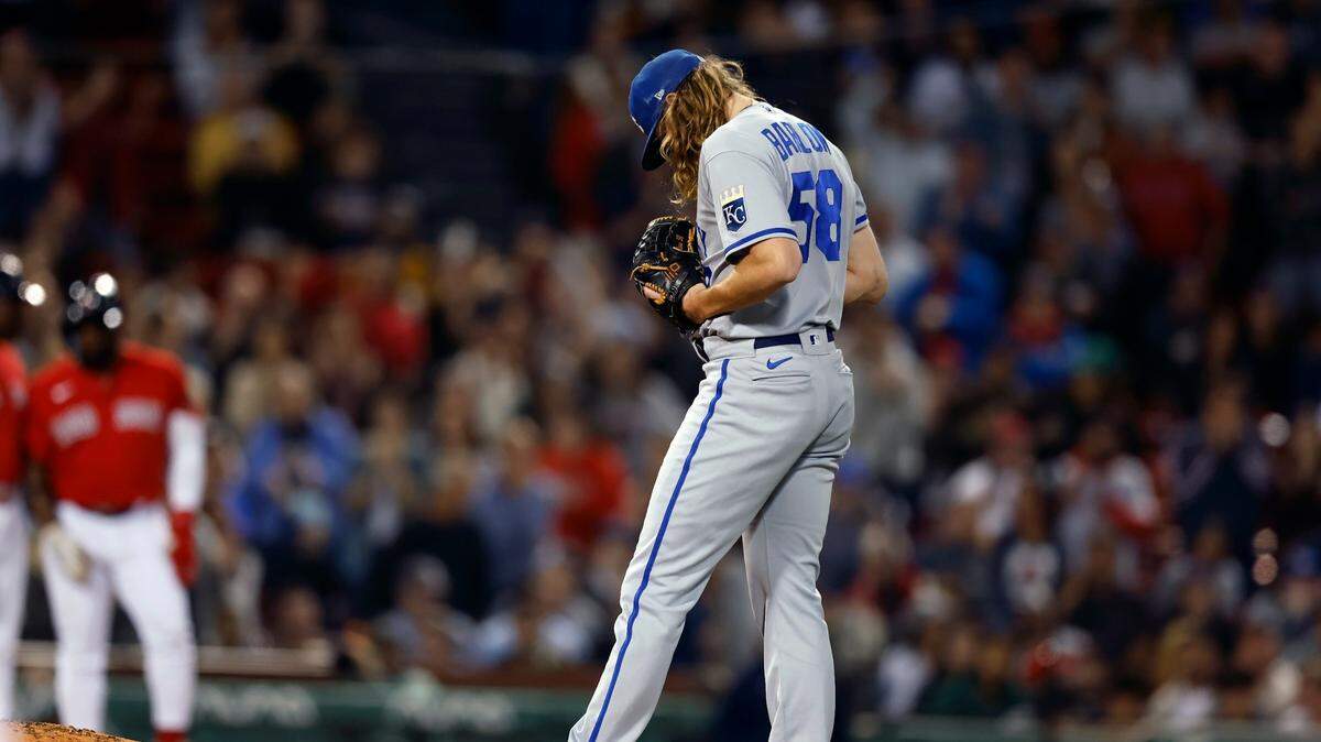 Kansas City Royals reliever Scott Barlow reacts after walking in the tying run during the eighth inning of the team’s baseball game against the Boston Red Sox, Friday, Sept. 16, 2022, at Fenway Park in Boston.