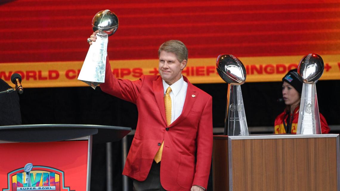 Clark Hunt, chairman and CEO of the Kansas City Chiefs, hoisted the Lombardi Trophy as he took the stage at Union Station for the Super Bowl Champions parade and rally on Wednesday, Feb. 15, 2023, in Kansas City.