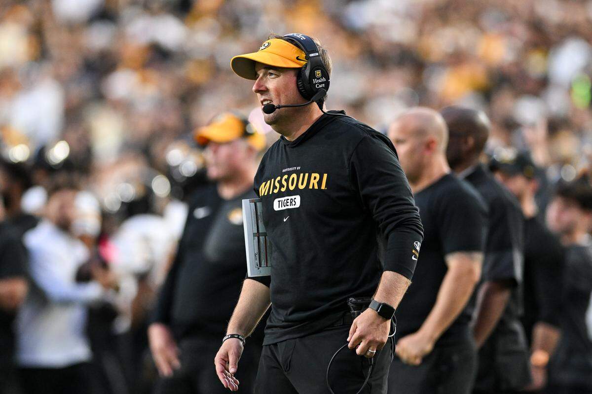 Head coach Eli Drinkwitz on the sideline in the second half against the Vanderbilt Commodores at FirstBank Stadium on October 25, 2025 in Nashville.
