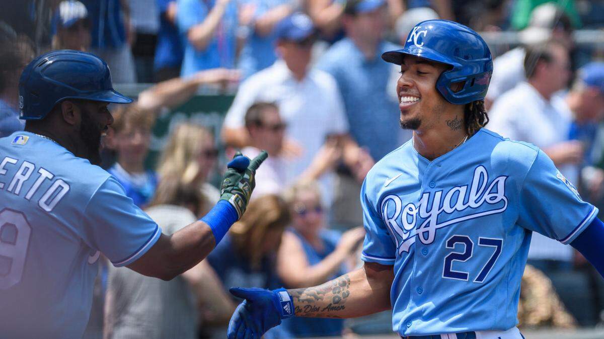 Kansas City Royals’ Adalberto Mondesi, right, is congratulated by teammate Hanser Alberto, left, after hitting a home run against the Detroit Tigers during the second inning of a baseball game in Kansas City, Mo., Wednesday, June 16, 2021. (AP Photo/Reed Hoffmann)