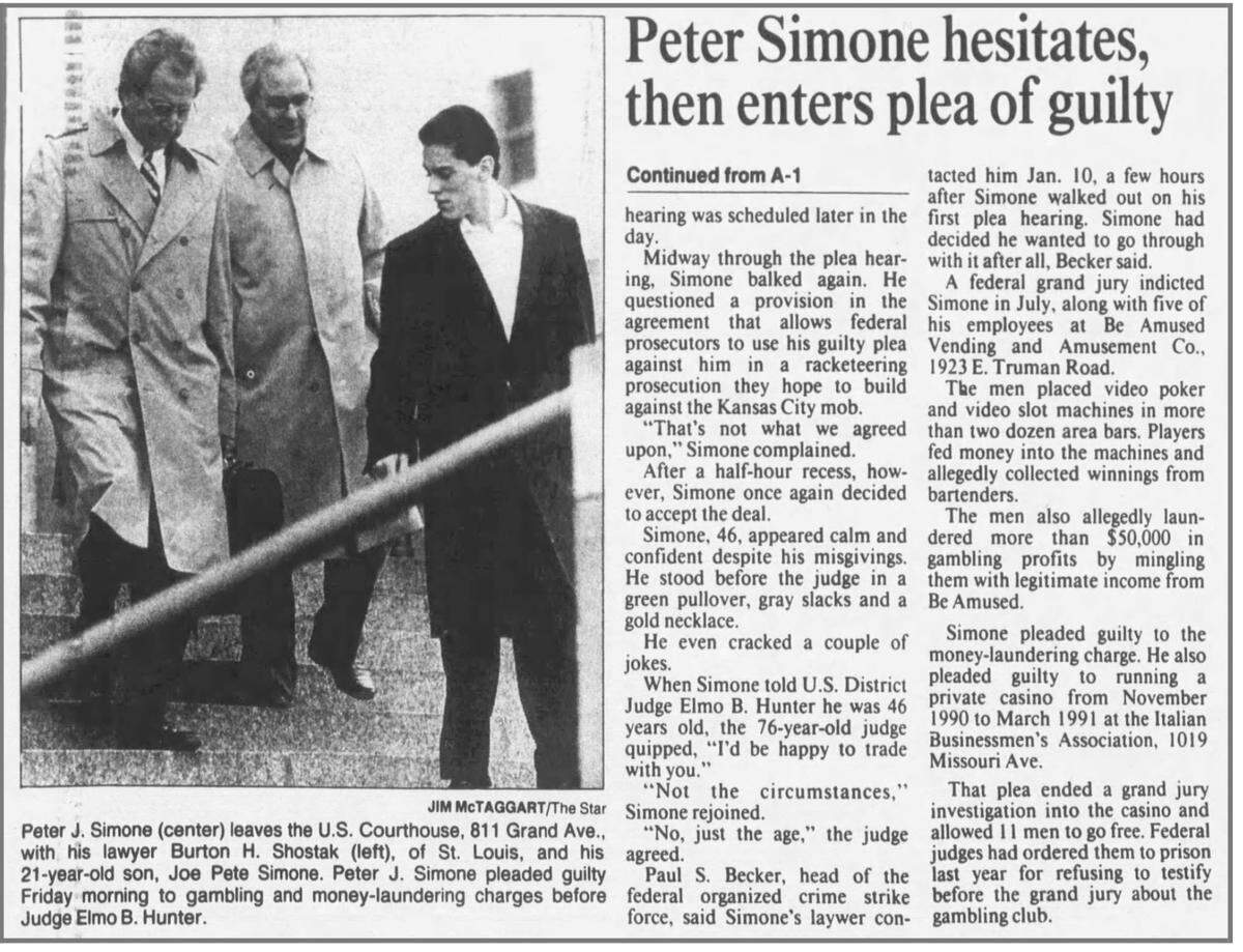 Peter Simone pleaded guilty to gambling and money laundering charges in federal court in 1992.