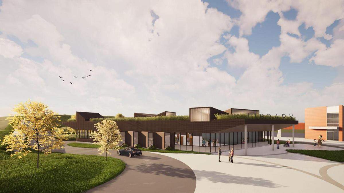 A green roof planted with a variety of prairie grasses is part of the design of the new Johnson County library branch expected to open in early 2024 near the Merriam Community Center. Architects also designed a welcoming front porch.