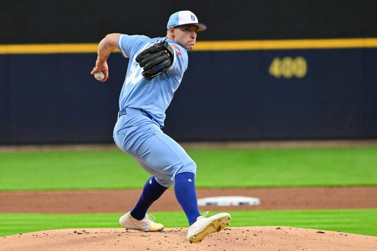 Kansas City Royals starting pitcher Kris Bubic rears back to throw against the Brewers at American Family Field in Milwaukee, Wisconsin, on Monday, March 31, 2025.