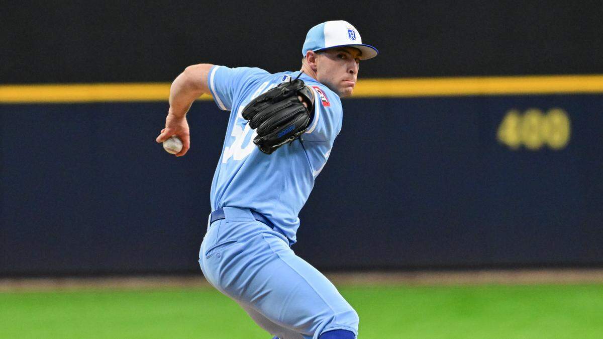 Kansas City Royals starting pitcher Kris Bubic rears back to throw against the Brewers at American Family Field in Milwaukee, Wisconsin, on Monday, March 31, 2025.