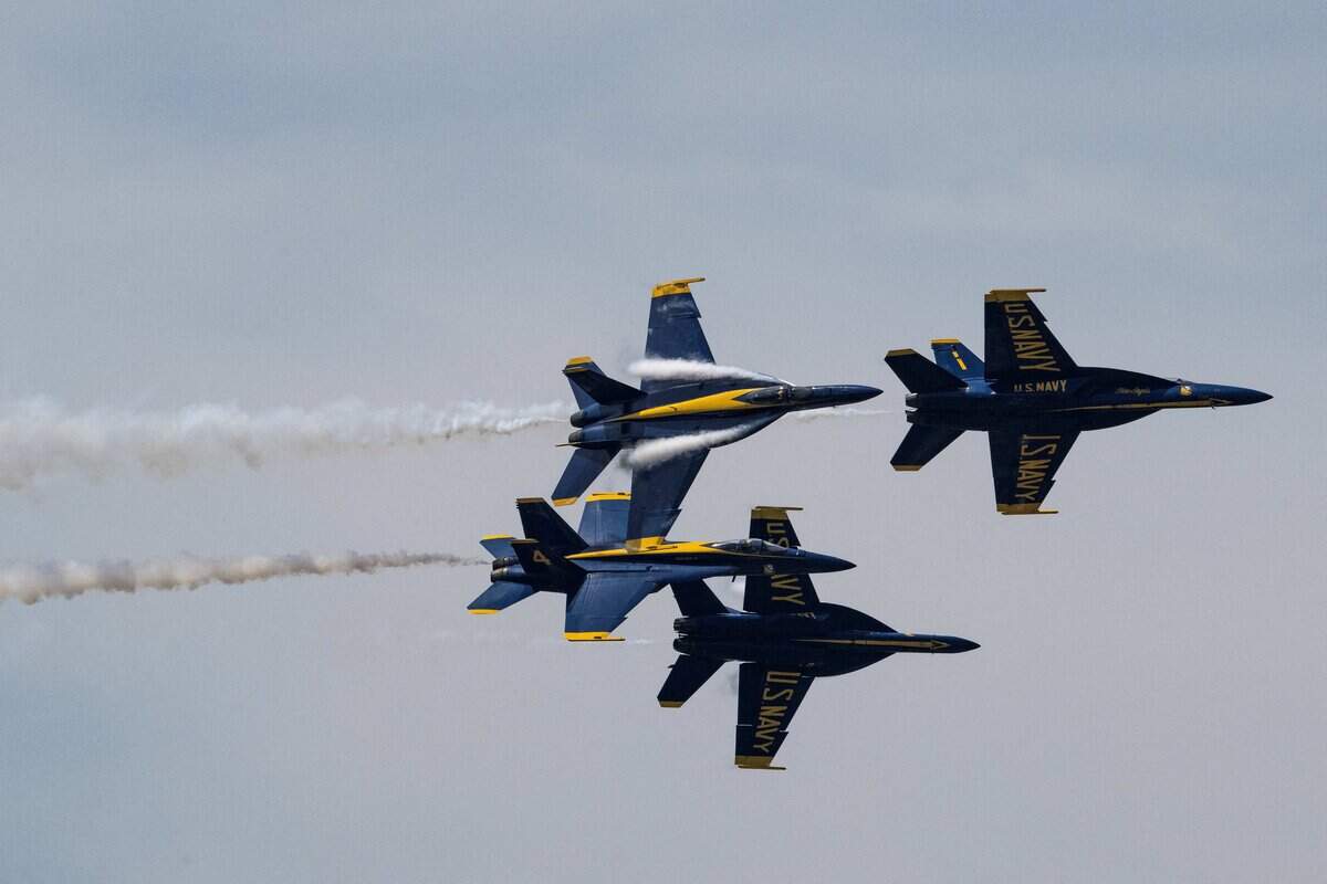 The US Navy's Blue Angels perform an air show over the Severn River in Annapolis, Maryland, on May 22, 2024, as part of the US Naval Academy Commissioning week. (Photo by Jim WATSON / AFP) (Photo by JIM WATSON/AFP via Getty Images)