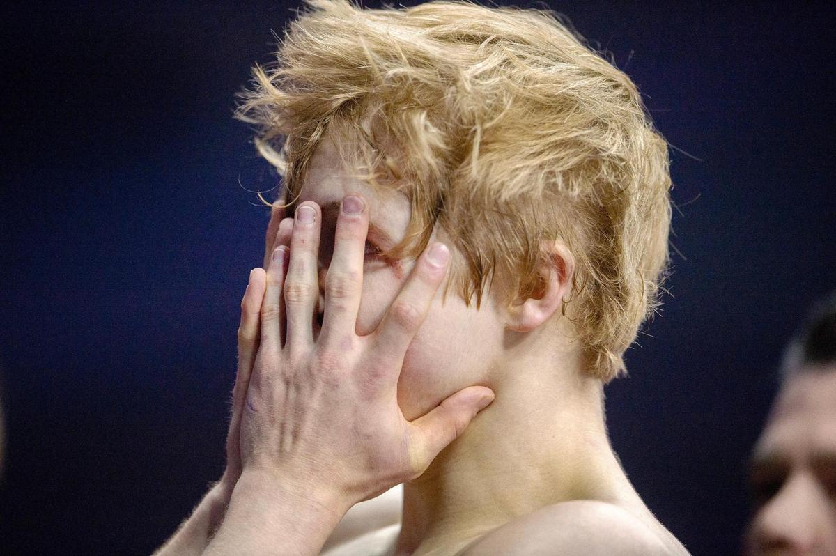 Braeden Davis of Penn State walks off the mat in frustration after being defeated by Richard Figueroa of Arizona State during the quarterfinals of the Men’s Division I NCAA Wrestling Championships at T-Mobile Center on Friday, March 22, 2024, in Kansas City.
