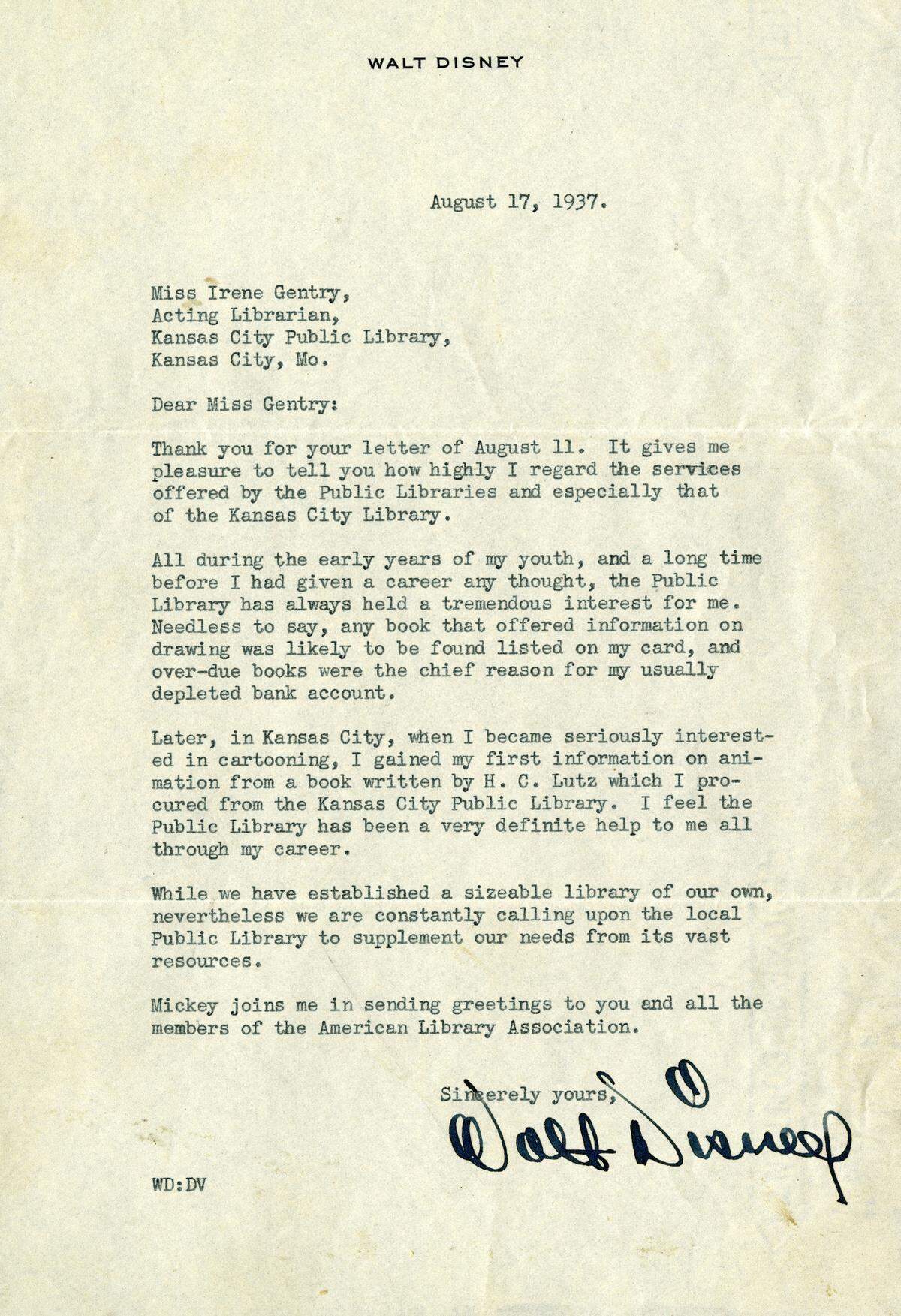 Walt Disney wrote a 1937 letter thanking Irene Gentry for the Kansas City Public Library’s service.
