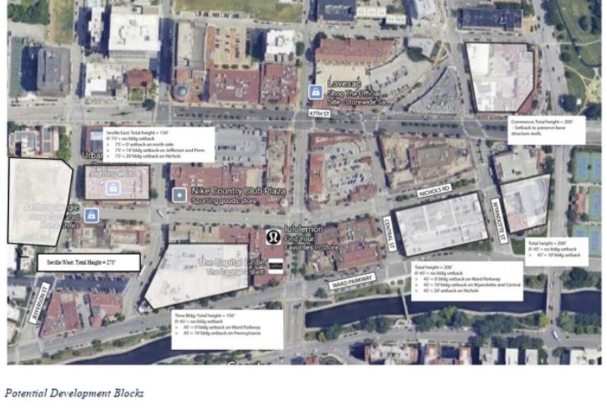 A map of design guidelines submitted as part of the Master Development Plan for the Country Club Plaza includes heights up to 150 feet to 200 feet tall.