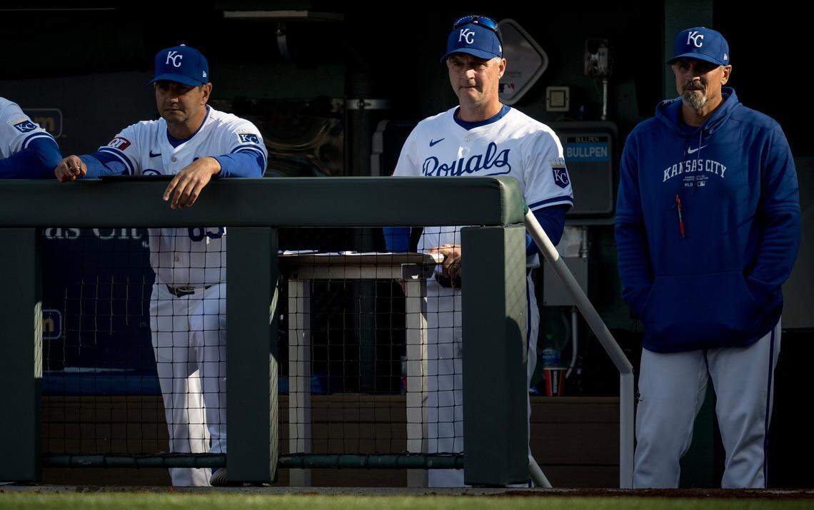 Kansas City Royals manager Matt Quatraro stands in the dugout and watches his team play against the Minnesota Twins during the Royals’ home opener at Kauffman Stadium.