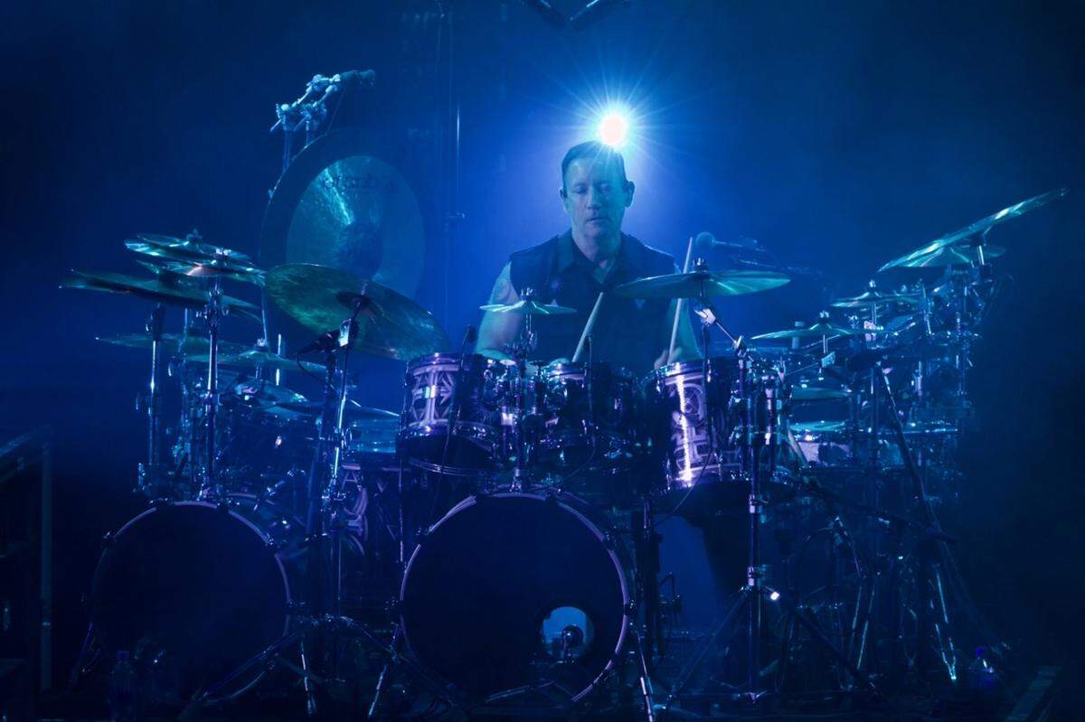 Drummer Jimmy Chamberlin of The Smashing Pumpkins performs at Starlight Theatre in Kansas City on Wednesday, Aug. 14, 2024.