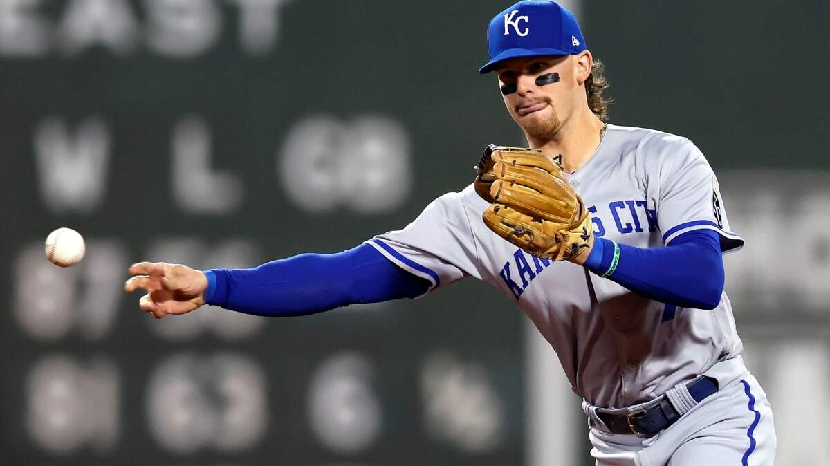 Kansas City Royals’ Bobby Witt Jr. throws to first base on the ground out by Boston Red Sox’s Alex Verdugo during the second inning of a baseball game, Friday, Sept. 16, 2022, in Boston. (AP Photo/Michael Dwyer)