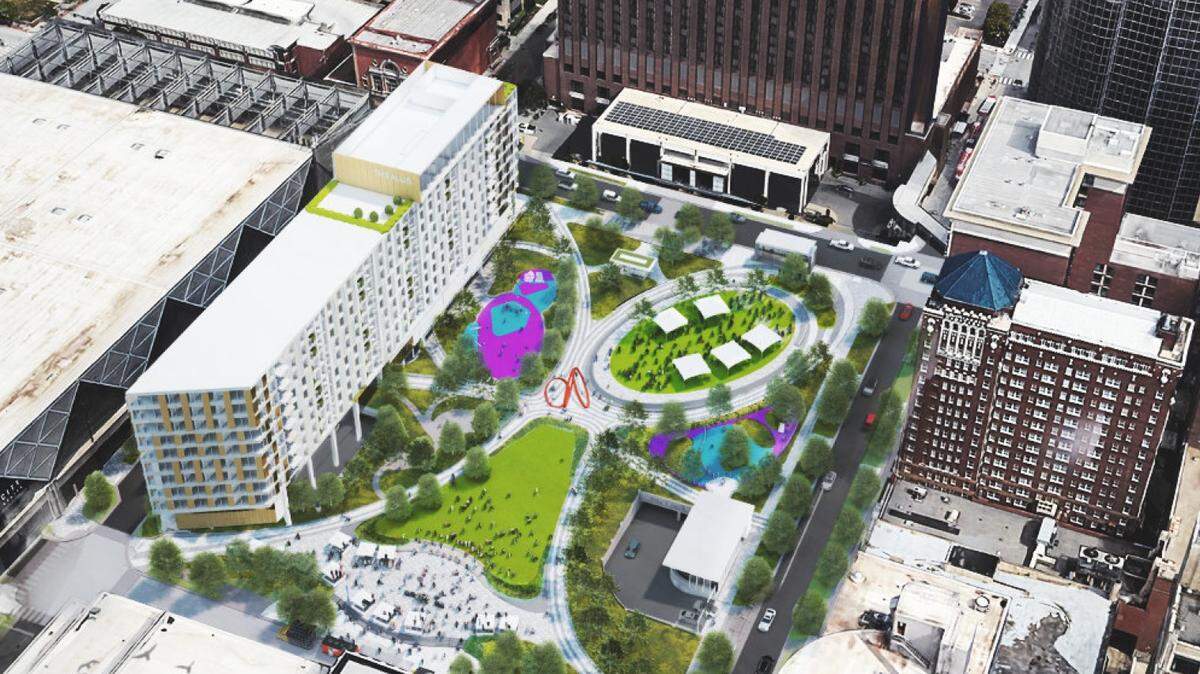 Rendering of a 200-unit condominium/apartment building occupying the west side of the new $118 million Barney Allis Plaza. The condominium project is speculative, but columns beneath the plaza have already been built thicker on the west side to accomodate a future vertical building.