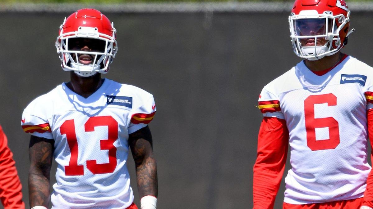 Safeties Nazeeh Johnson (No. 13) and Bryan Cook (6) participated on the first day of the Kansas City Chiefs rookie minicamp at the training facility on May 7, 2022.