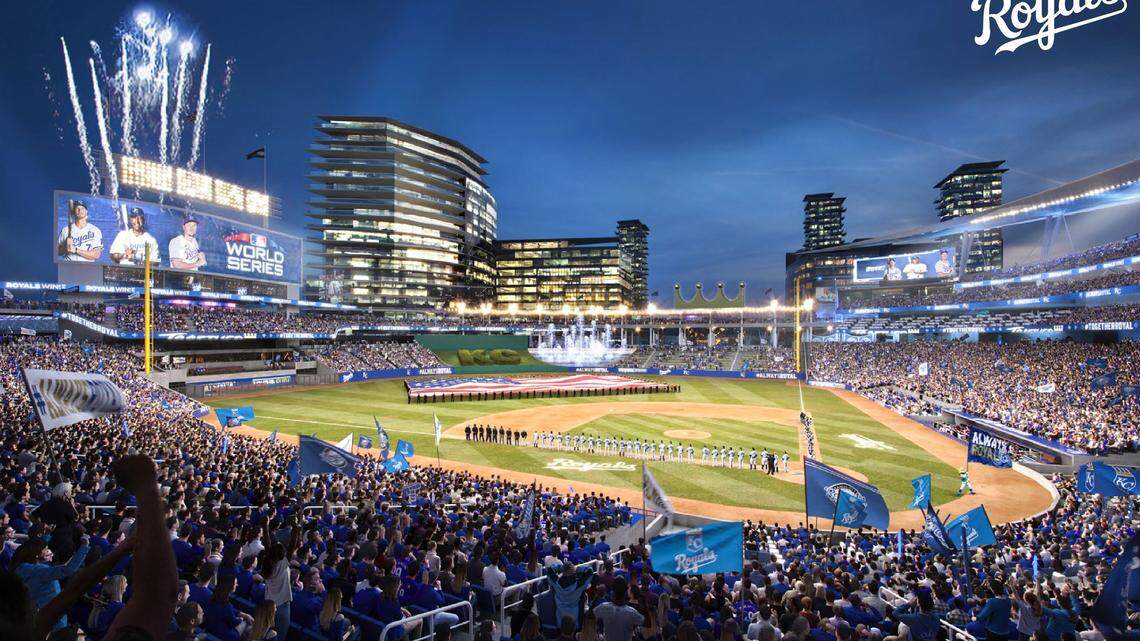 A rendering, provided by the Royals, of what a new downtown Kansas City ballpark could look like.
