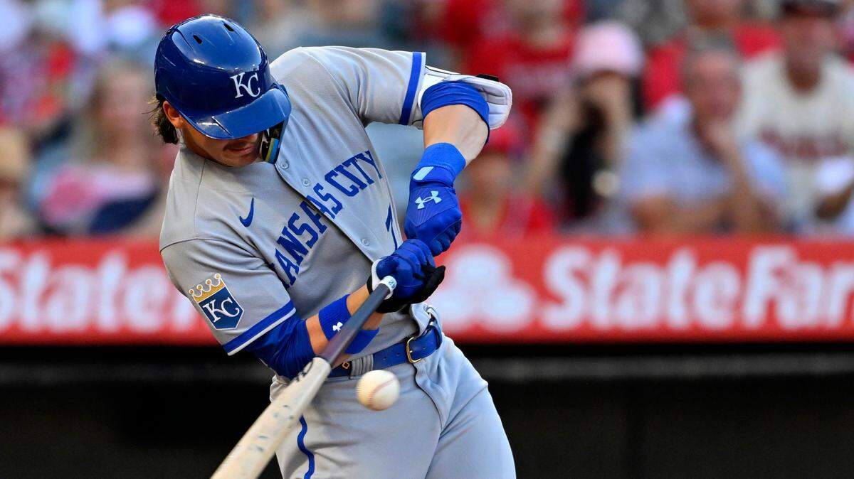 Kansas City Royals shortstop Bobby Witt Jr. singles in a run in the third inning of Saturday night’s game against the Los Angeles Angels at Angel Stadium.