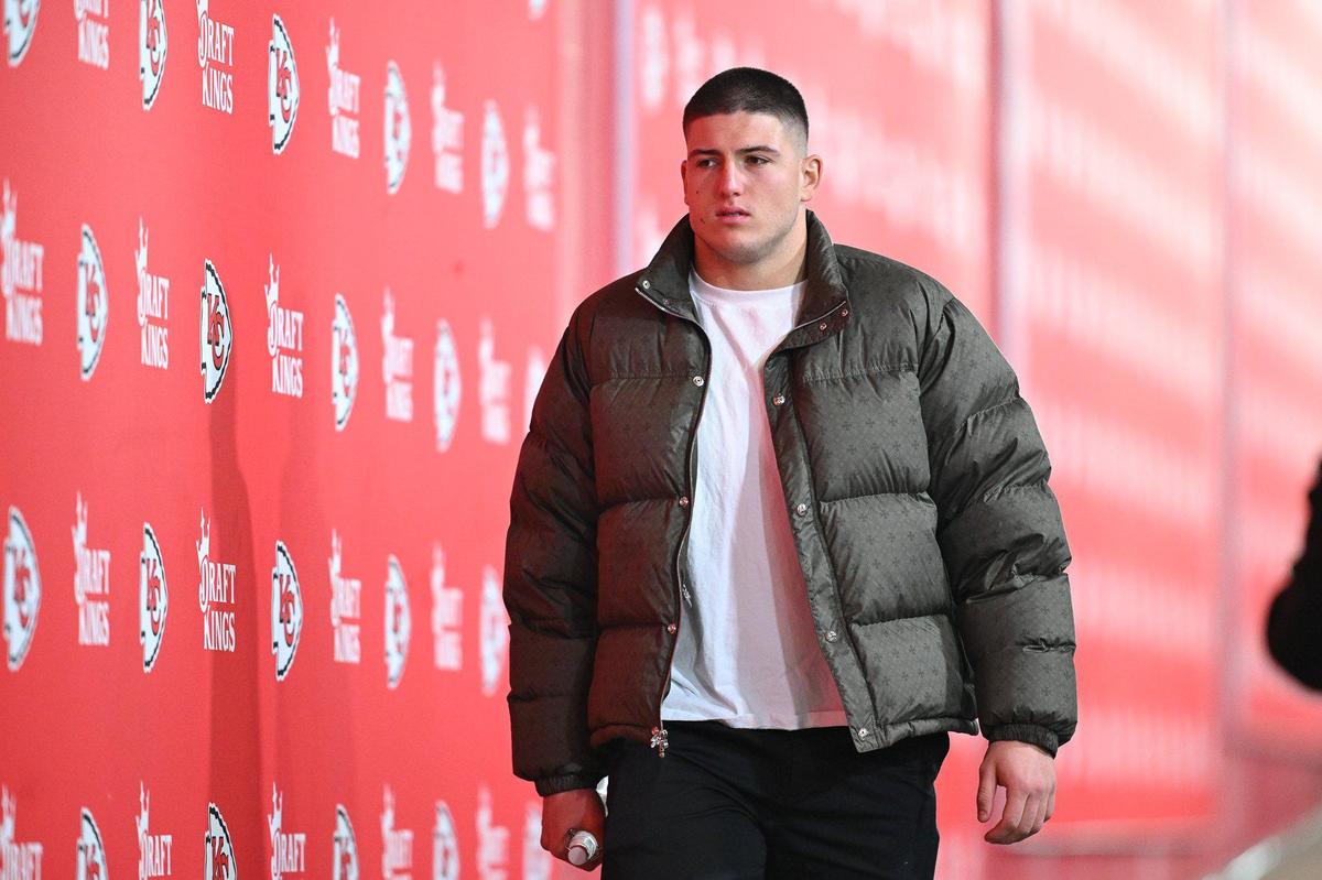 Kansas City Chiefs defensive end George Karlaftis arrives beforethe AFC Divisional Round playoff game on Saturday, Jan. 18, 2025, at GEHA Field at Arrowhead Stadium.