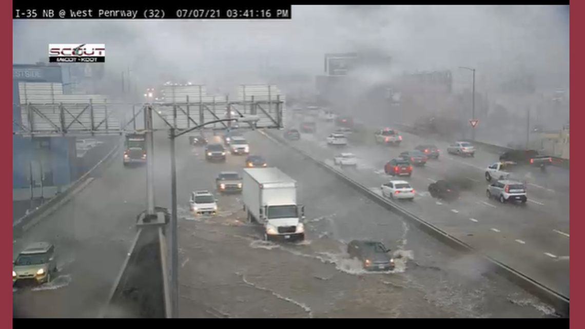 Heavy rains flooded southbound lanes of Interstate 35 near West Pennway in Kansas City Wednesday afternoon, according to the KC District of Missouri Department of Transportation.
