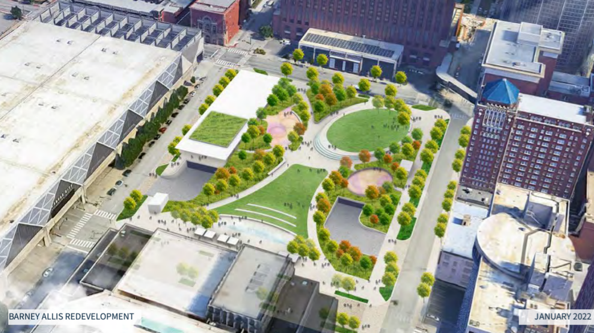 The redevelopment of Barney Allis Plaza and garage could cost $112 million, according to a design plan.