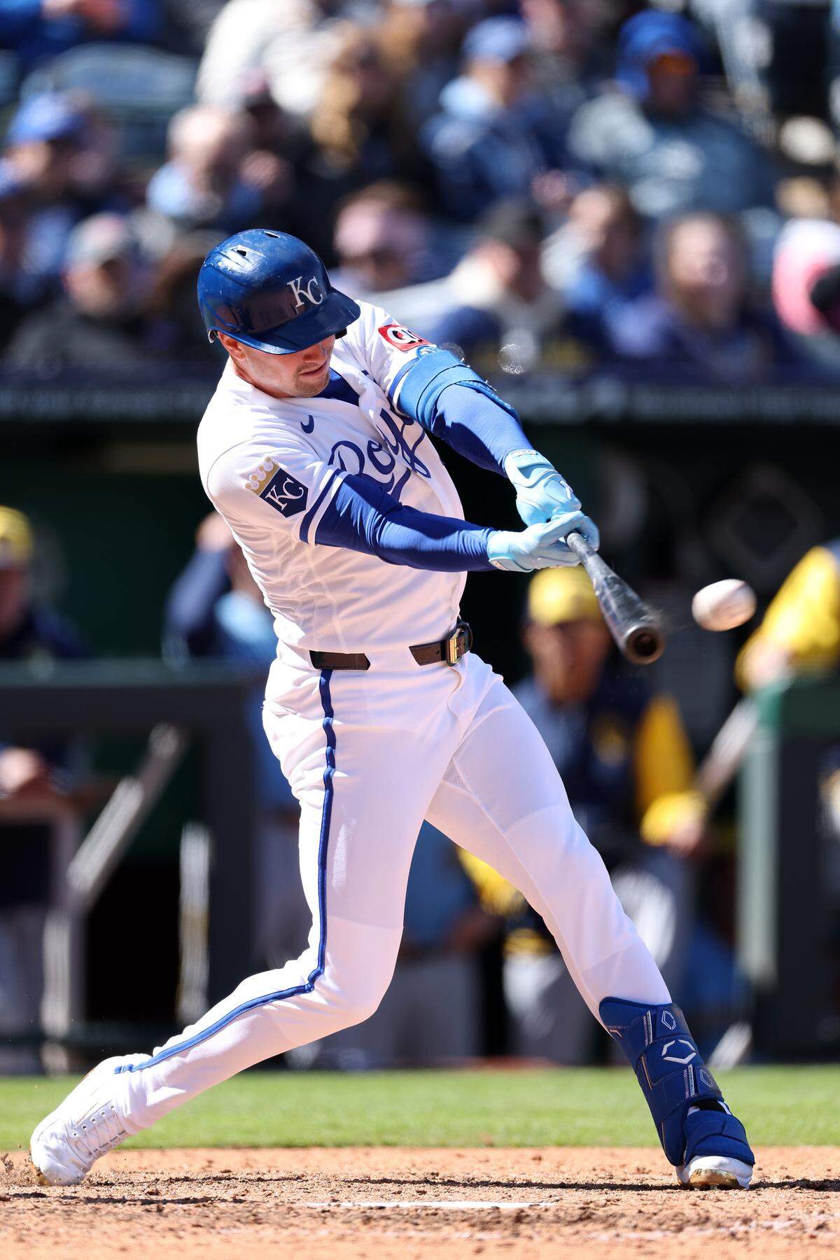 Royals center fielder Lane Thomas doubles against the Milwaukee Brewers at Kauffman Stadium in Kansas City on Saturday, April 4, 2026.