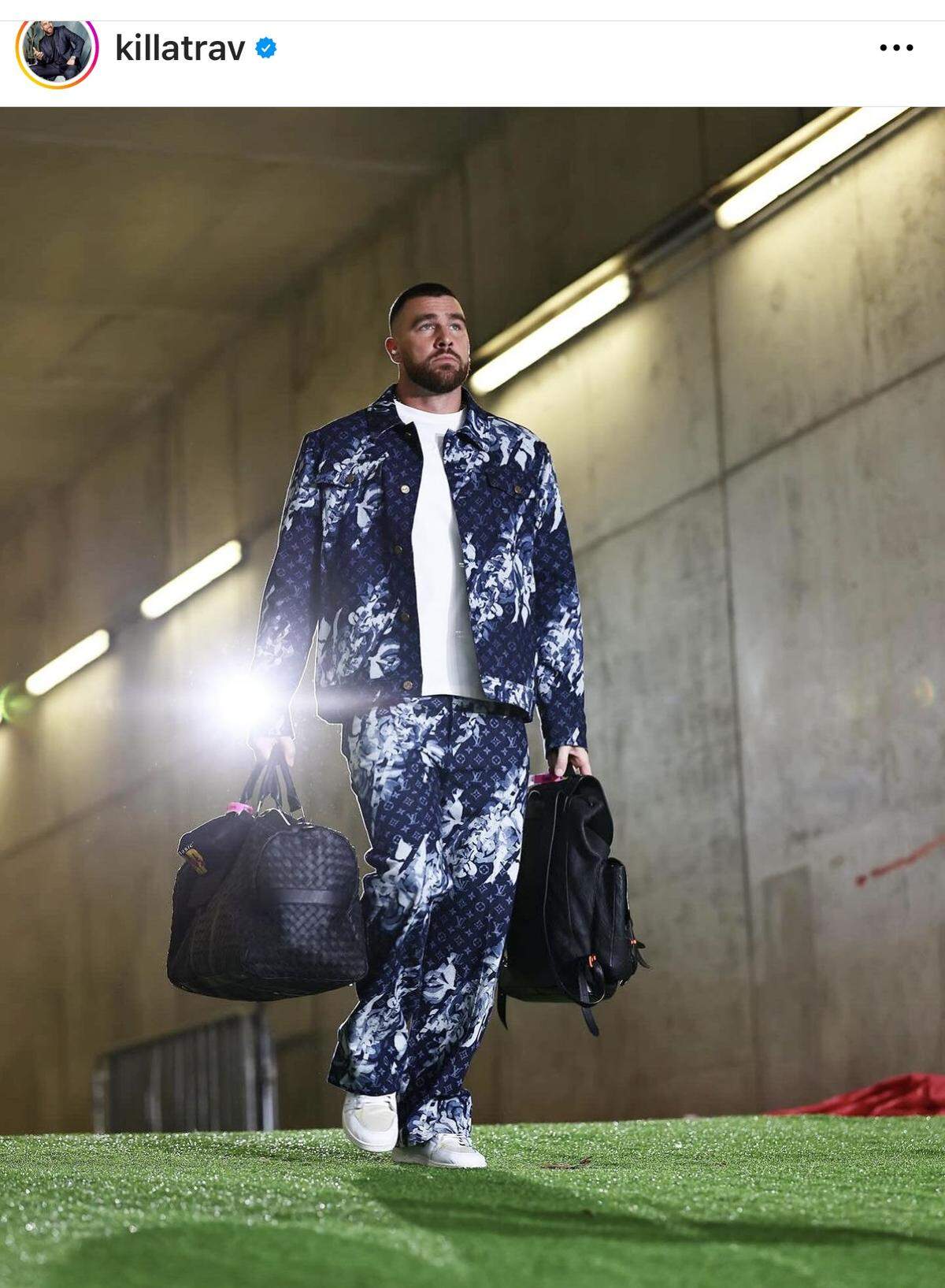 A Kelce go-to outfit: denim on denim.
