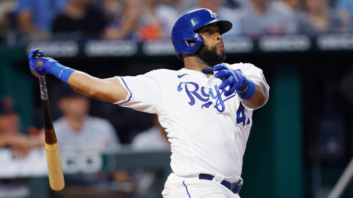 Kansas City Royals’ Carlos Santana watches his three-run home run hit to take the lead against the Detroit Tigers in the seventh inning of a baseball game at Kauffman Stadium in Kansas City, Mo., Saturday, July 24, 2021. (AP Photo/Colin E. Braley)