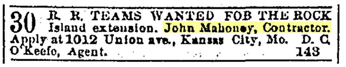 An ad from the Kansas City Star on March 2, 1892. Mahoney frequently ran ads in local newspapers to recruit laborers.