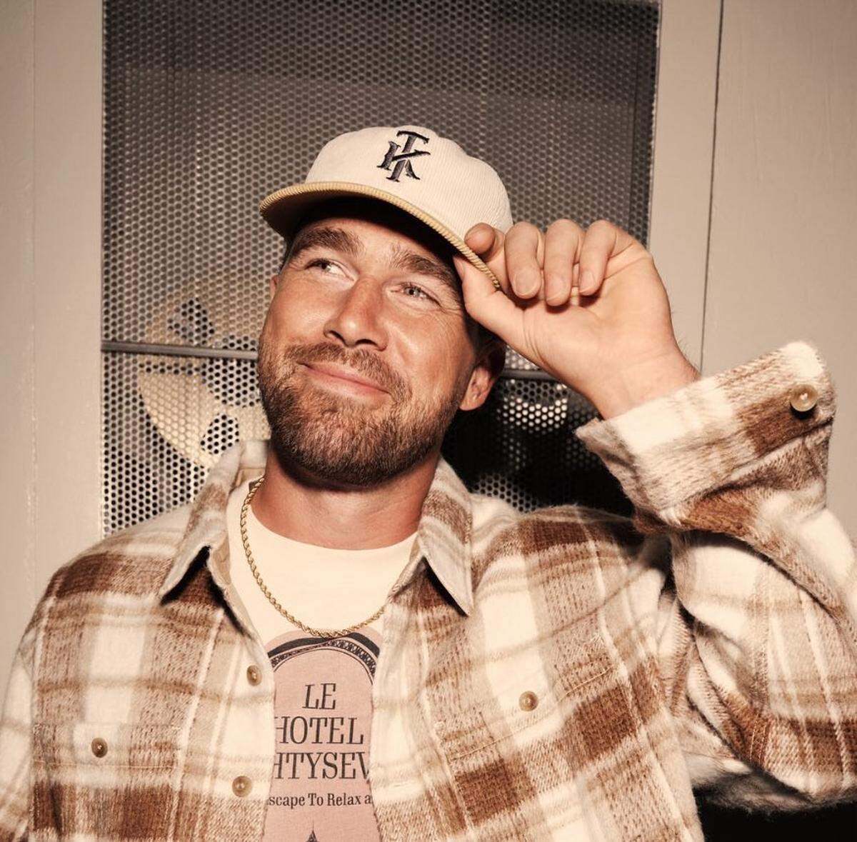 Kelce in one of the hats from his collaboration with American Eagle.
