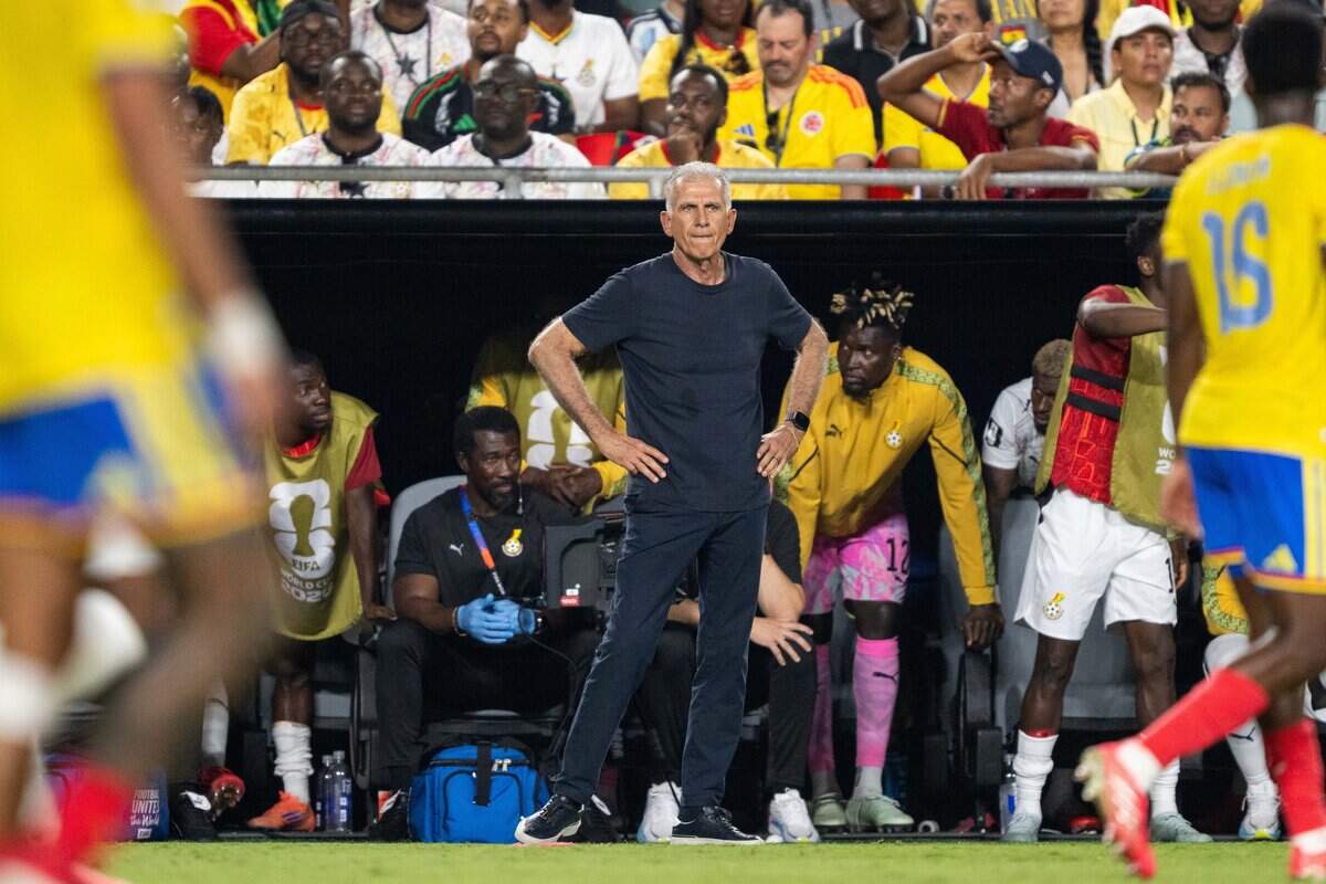 Ghana team manager Carlos Queiroz coaches his team in a 2026 FIFA World Cup Round of 32 soccer match at Kansas City (Arrowhead) Stadium in Kansas City on Friday, July 3, 2026.