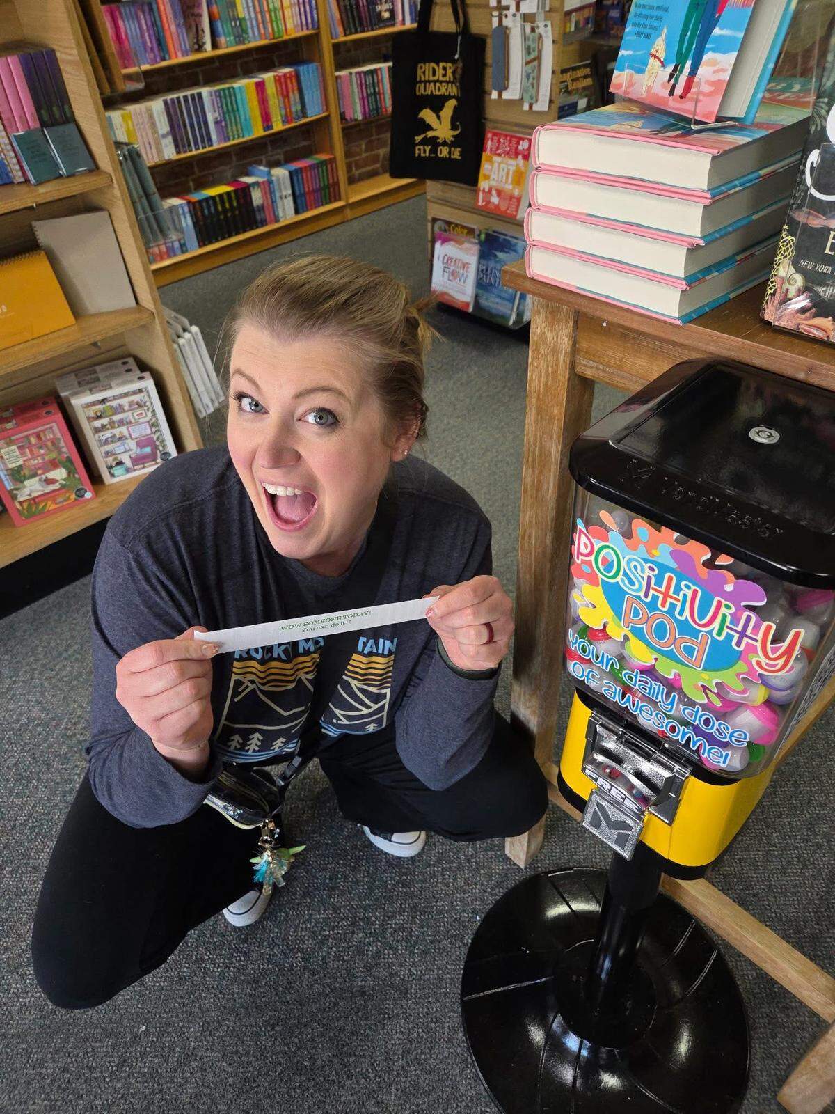 Rachel Johnson shares her message from Project Happiness LSMO’s traveling positivity pod machine. The gumball-type machine offers unique phrases of kindness, encouragement and hope each time anyone spins the dial.