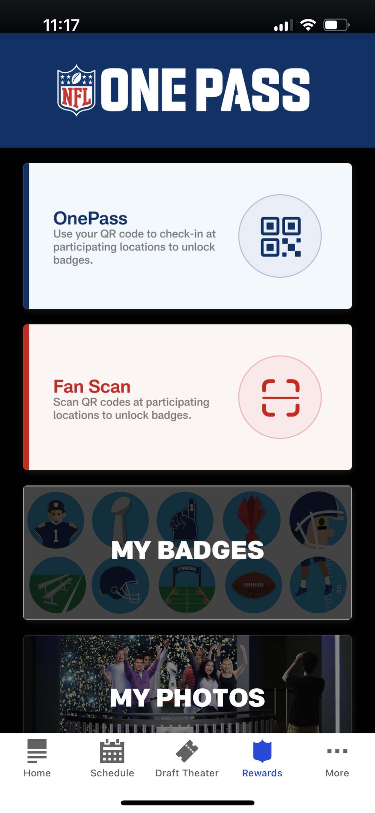 A screenshot of the NFL OnePass app after fans have registered for the NFL Draft Experience.