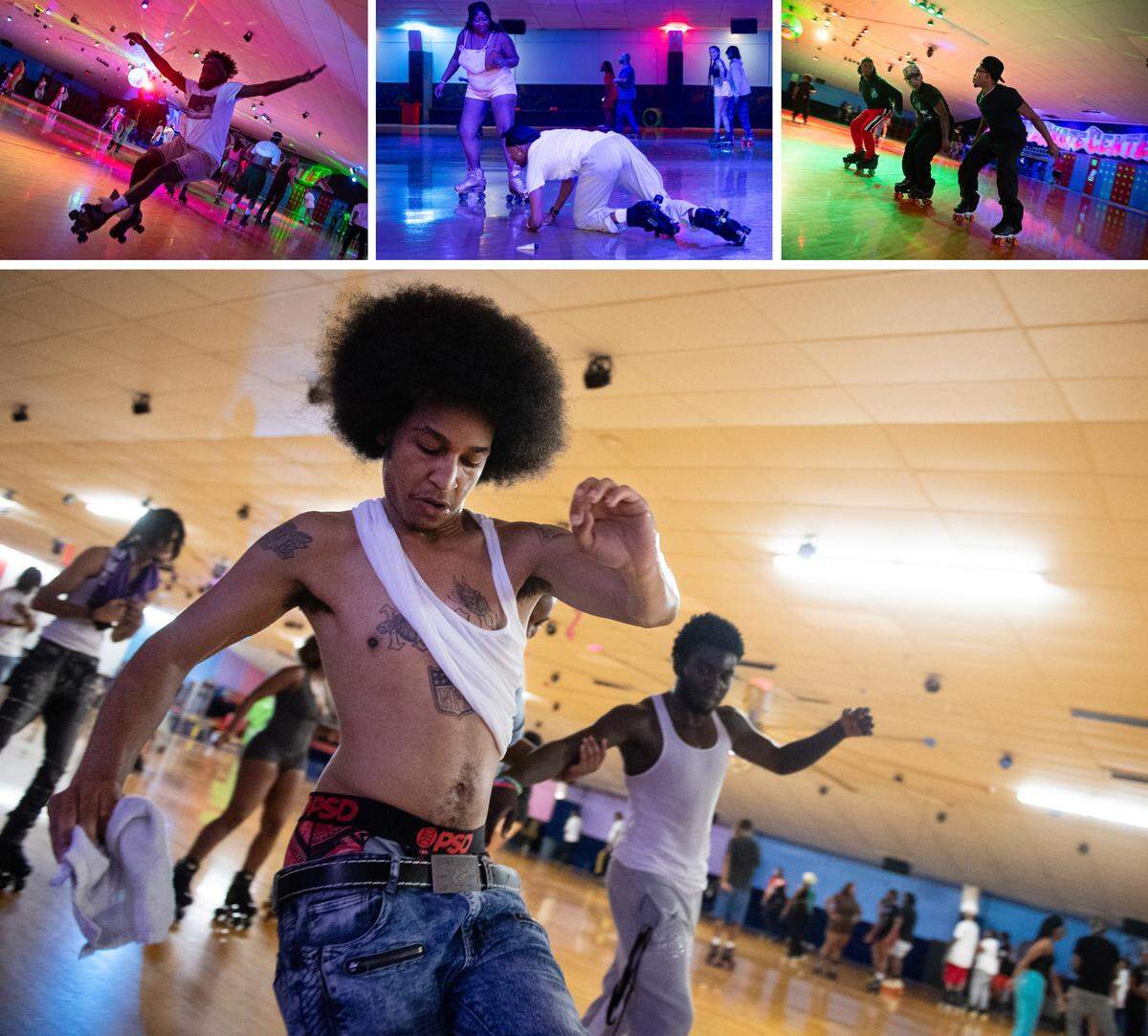 TOP LEFT; A skater flies backwards after tripping while trying to execute a difficult move at Winnwood Skate Center. TOP CENTER; Kimbr Stevens checks in on a fallen skater during an adult night skate session. Stevens says that the camaraderie and family unit of the skate community make the rink a space for skaters to find belonging. TOP RIGHT; Three skaters slide around the curve of the Winnwood Skate Center rink. BOTTOM; Bishop Hill, center, who also raps under the name Fin Dollaz, continues to skate after the lights come back on at the end of an adult night session. Hill recently moved back to Kansas City and returned to the skate scene.