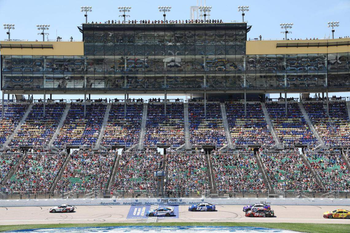 The pace car leads NASCAR drivers on one last lap before the start of the Sunday, May 11, 2025 AdventHealth 400 auto race at Kansas Speedway in Kansas City, Kan.
