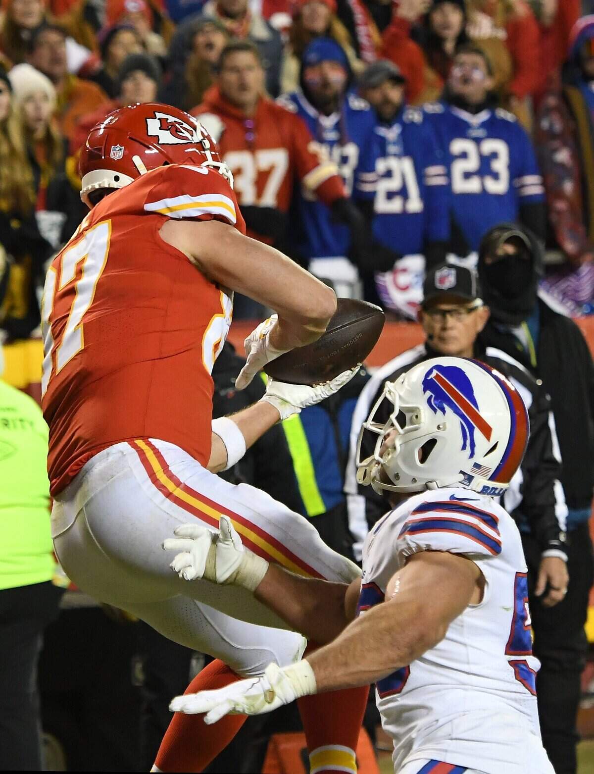 Travis Kelce catches a pass for a touchdown in overtime to win the AFC Divisional Playoff game between the Kansas City Chiefs and the Buffalo Bills at Arrowhead Stadium on Jan. 23, 2022. The Chiefs defeated the Bills, 42-36, in one of the NFL’s wildest games ever.