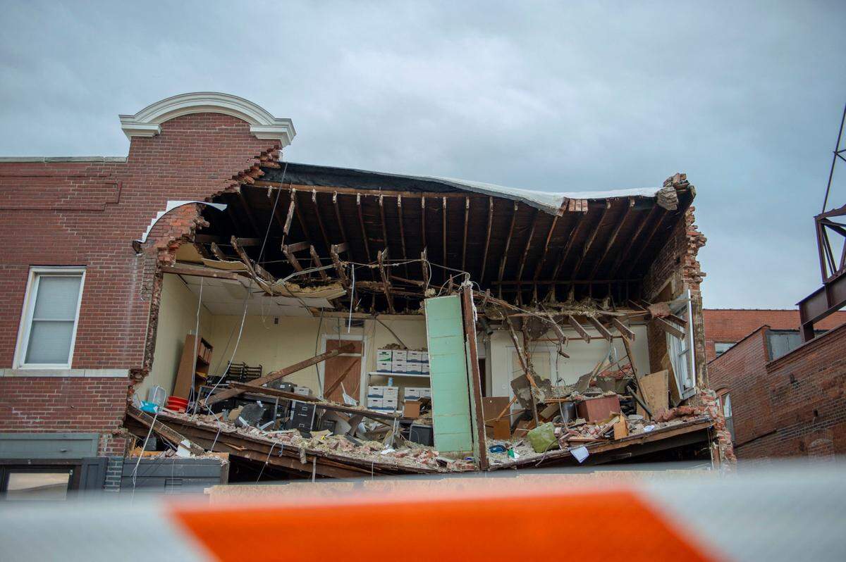 A partially collapsed building was seen Dec. 17, 2021, two days after a fire truck slammed into a car and then into the building on Dec. 15, 2021, at 4048 Broadway Blvd., in Westport. Two people in the car and one pedestrian were killed in the wreck. The building, which housed the now-closed Riot Room, was deemed unsafe.
