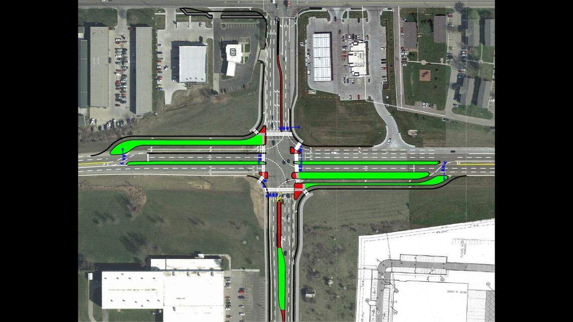 A displaced left-turn lane is a hallmark of the continuous flow intersection that’s under construction at Lone Elm Road and Old 56 Highway. Go to olatheks.org/LoneElm to see videos of how such intersections work.