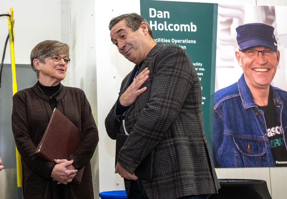 Kansas Gov. Laura Kelly talks with Allan Swan, President Panasonic North America, during an update event at Panasonic’s new $4 billion EV battery plant on Friday, Jan. 17, 2025, in De Soto, Kansas. The plant plans to open this spring and plans to have 1,000 workers on board by this summer.