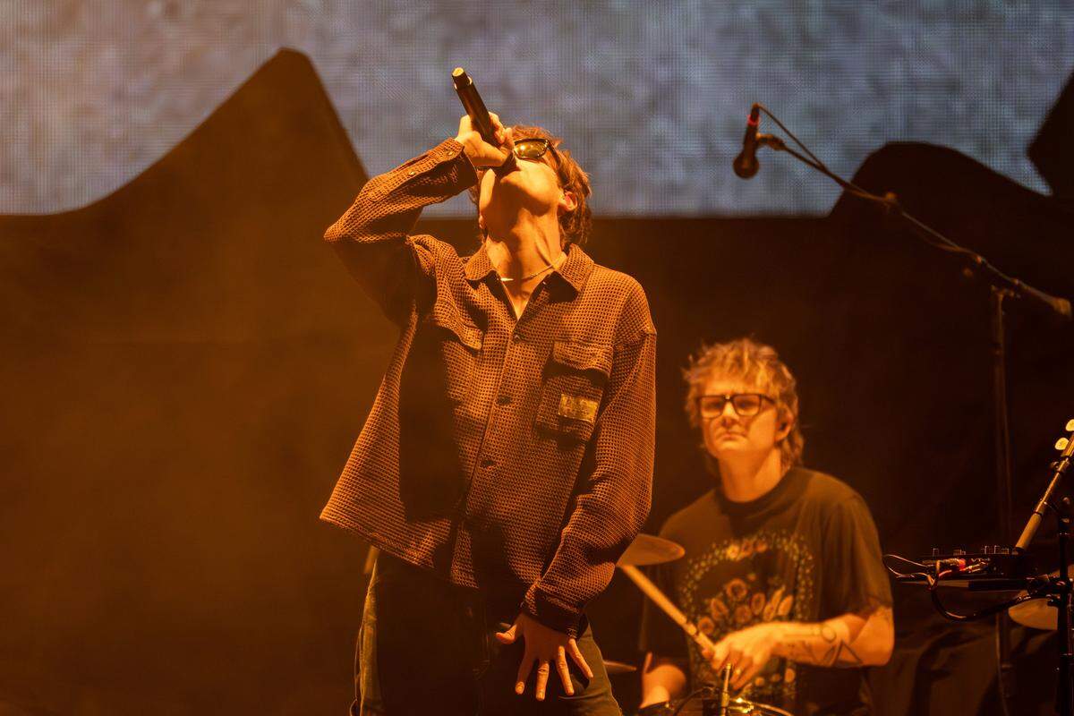 Hippo Campus performs as the opening act before The Lumineers during their Automatic World Tour at the T-Mobile Center on Saturday, July 26, 2025, in Kansas City.