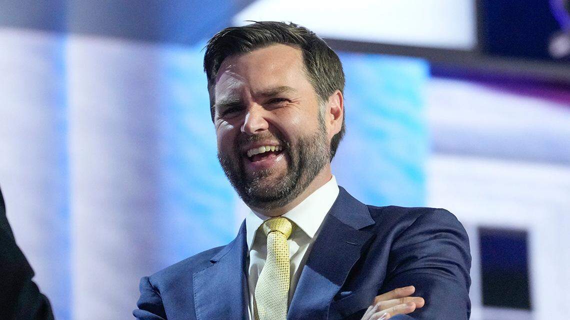 Republican vice presidential nominee Sen. J.D. Vance, R-Ohio, is seen on stage during the second day of the Republican National Convention at the Fiserv Forum. The second day of the RNC focused on crime and border policies.