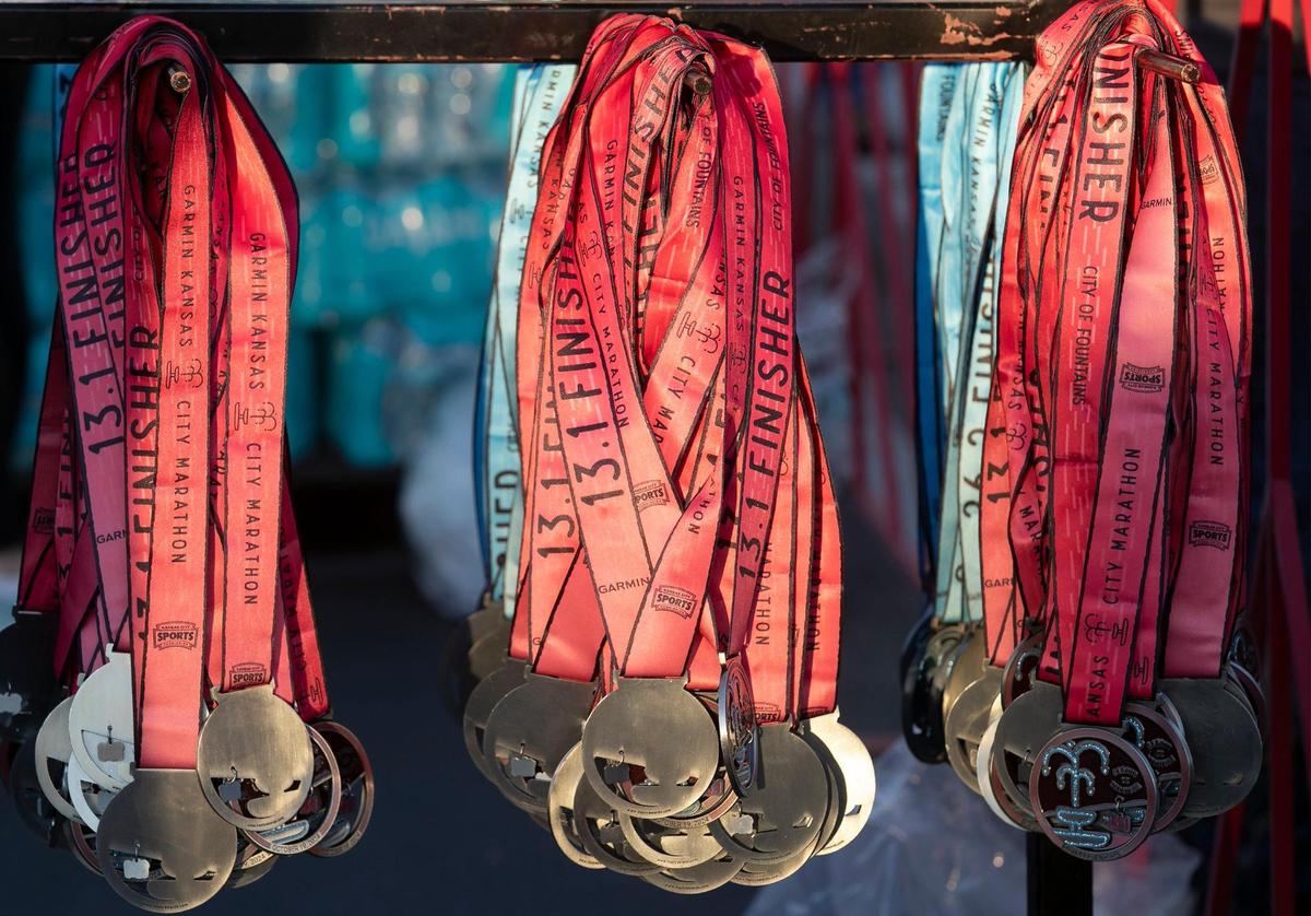 Medals awaited participants in the 2024 Garmin Kansas City Marathon on Saturday, October 19, 2024 in KC.