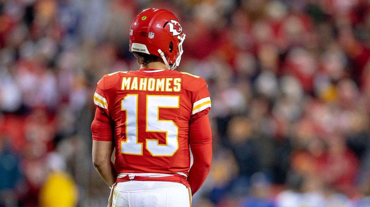 Kansas City Chiefs quarterback Patrick Mahomes (15) stands on the field during an NFL football game against the Los Angeles Rams at Arrowhead Stadium on Sunday, Nov. 27, 2022 in Kansas City.