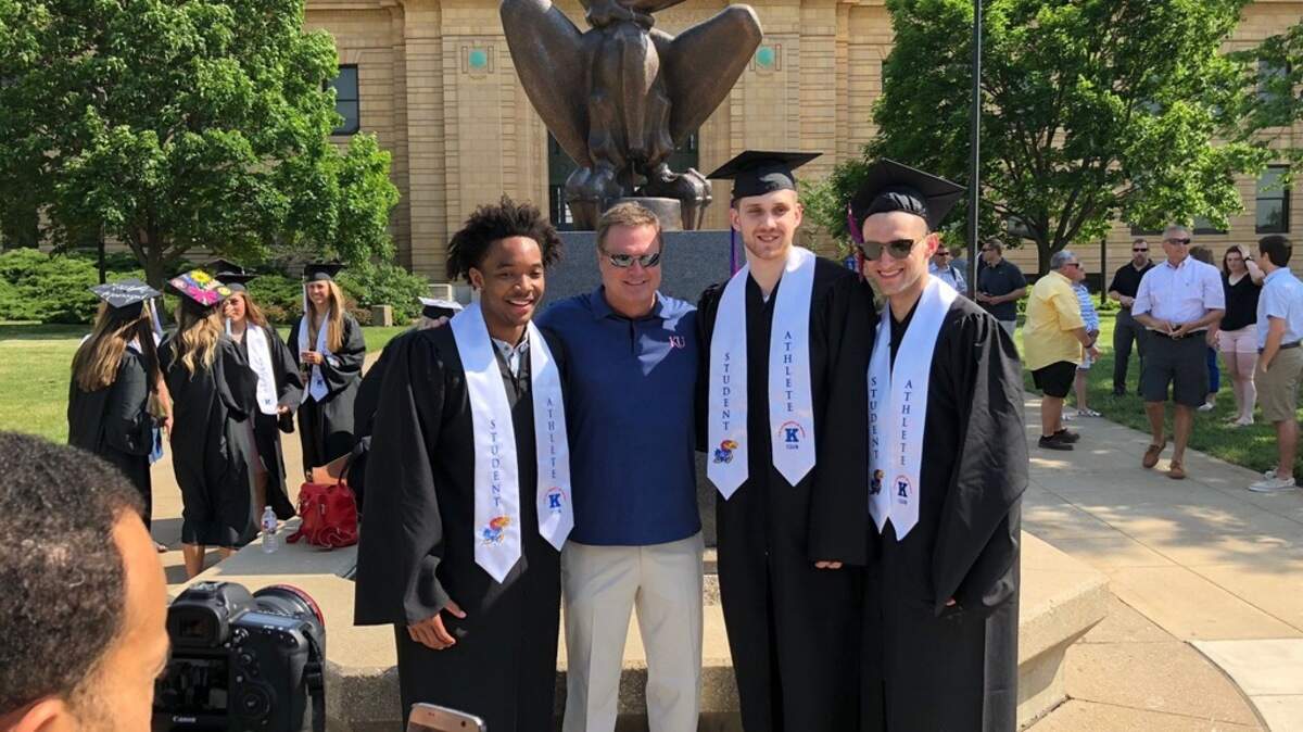KU basketball coach Bill Self with seniors Devonté Graham, Svi Mykhailiuk and Clay Young.