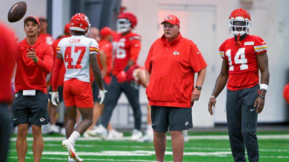 Chiefs head coach Andy Reid and wide receiver Cornell Powell (14) during training camp at Missouri Western State University on Wednesday, Aug. 9, 2023, in St. Joseph, Missouri.