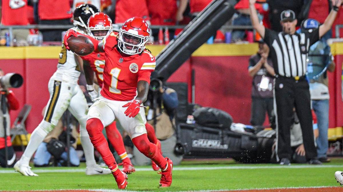 Kansas City Chiefs wide receiver Xavier Worthy (1) runs in for a touchdown agains the New Orleans Saints in the fourth quarter on Monday, Oct. 7, 2024, at GEHA Field at Arrowhead Stadium.