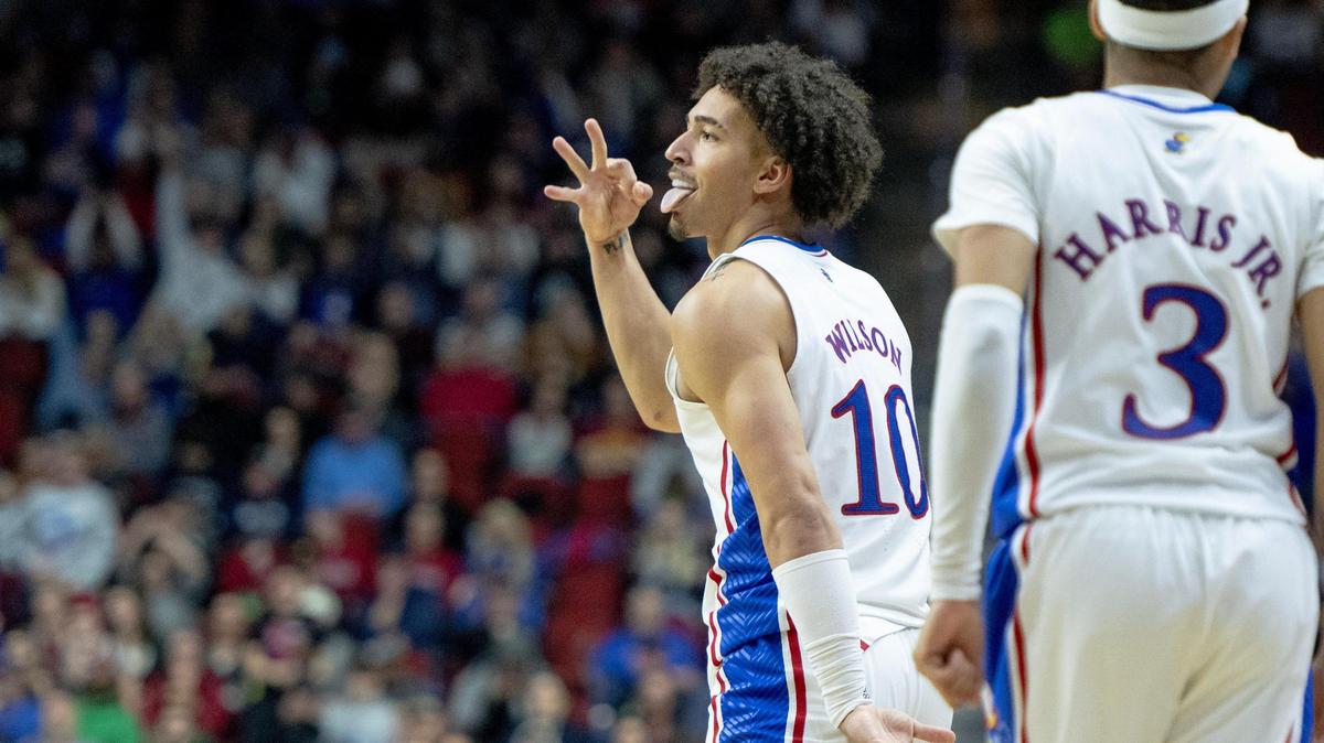 Kansas forward Jalen Wilson (10) celebrates a 3-point shot against Arkansas during a second-round college basketball game in the NCAA Tournament Saturday, March 18, 2023, in Des Moines, Iowa.