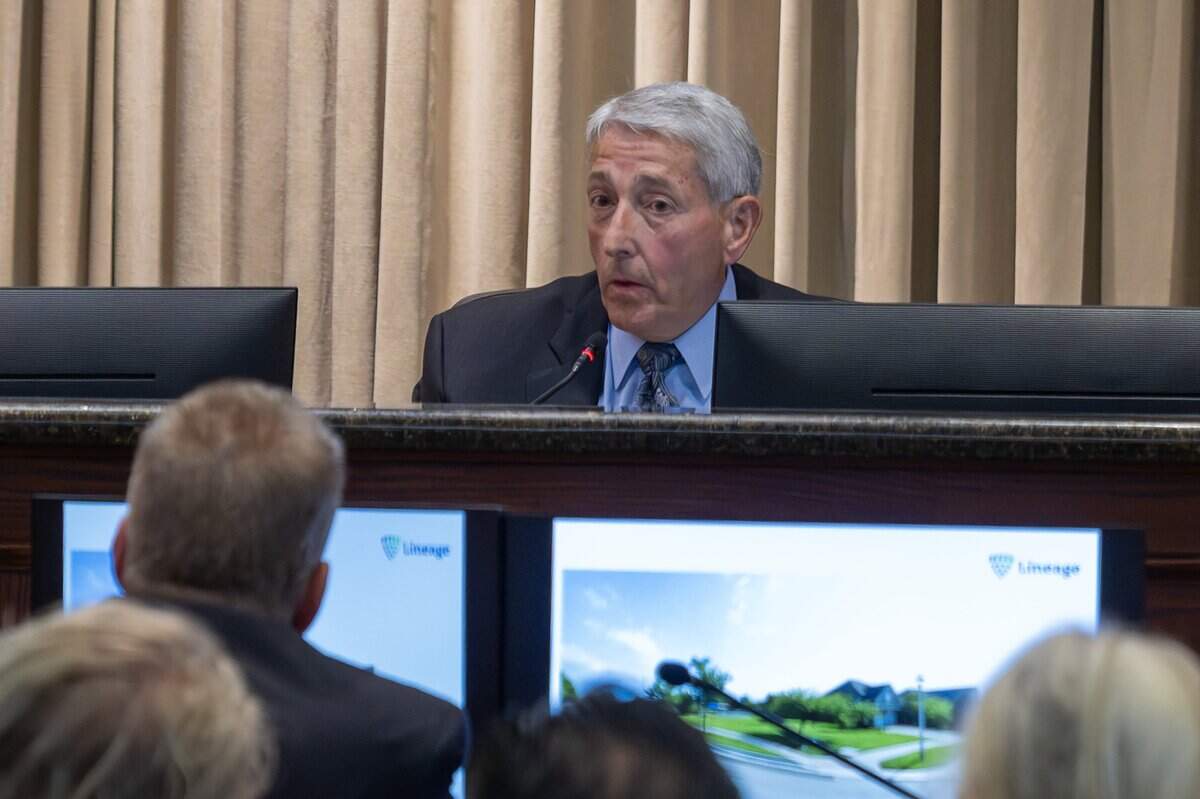 Dean Vakas speaks during a presentation at the Olathe City Council meeting on Tuesday, Sept. 16, 2025, at Olathe City Hall. The council heard a proposed Lineage Cold Storage facility near 175th Street and Lone Elm Road.